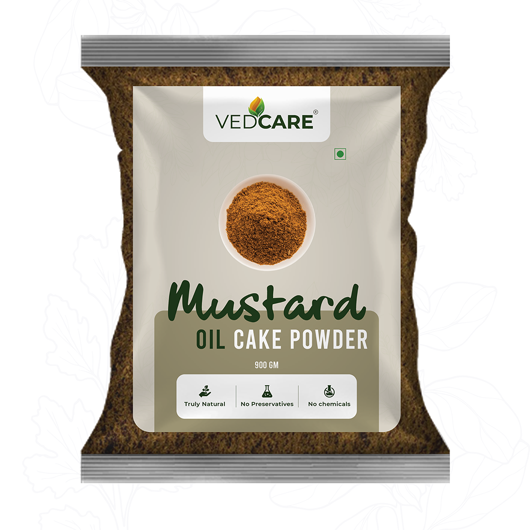 Vedcare Mustard Oil Cake Powder packaging on a white background