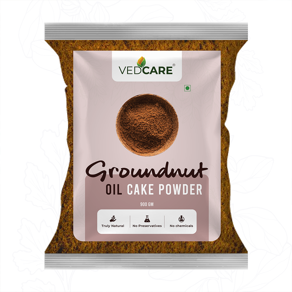 Vedcare Groundnut Oil Cake Powder packaging on a white background