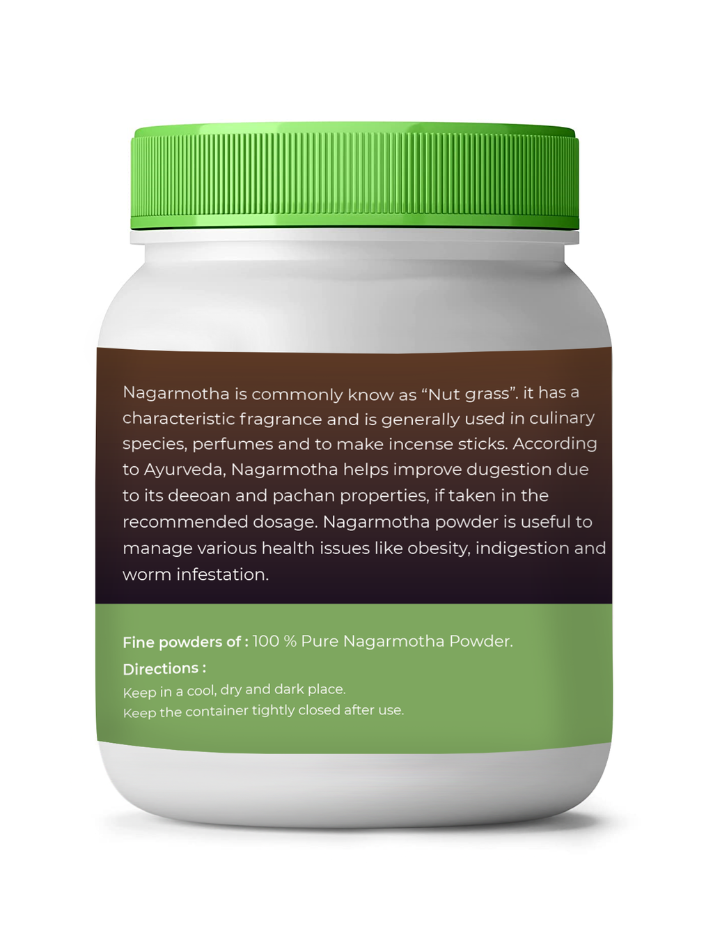 Jar of Nagarmotha powder with green lid and label on a white background