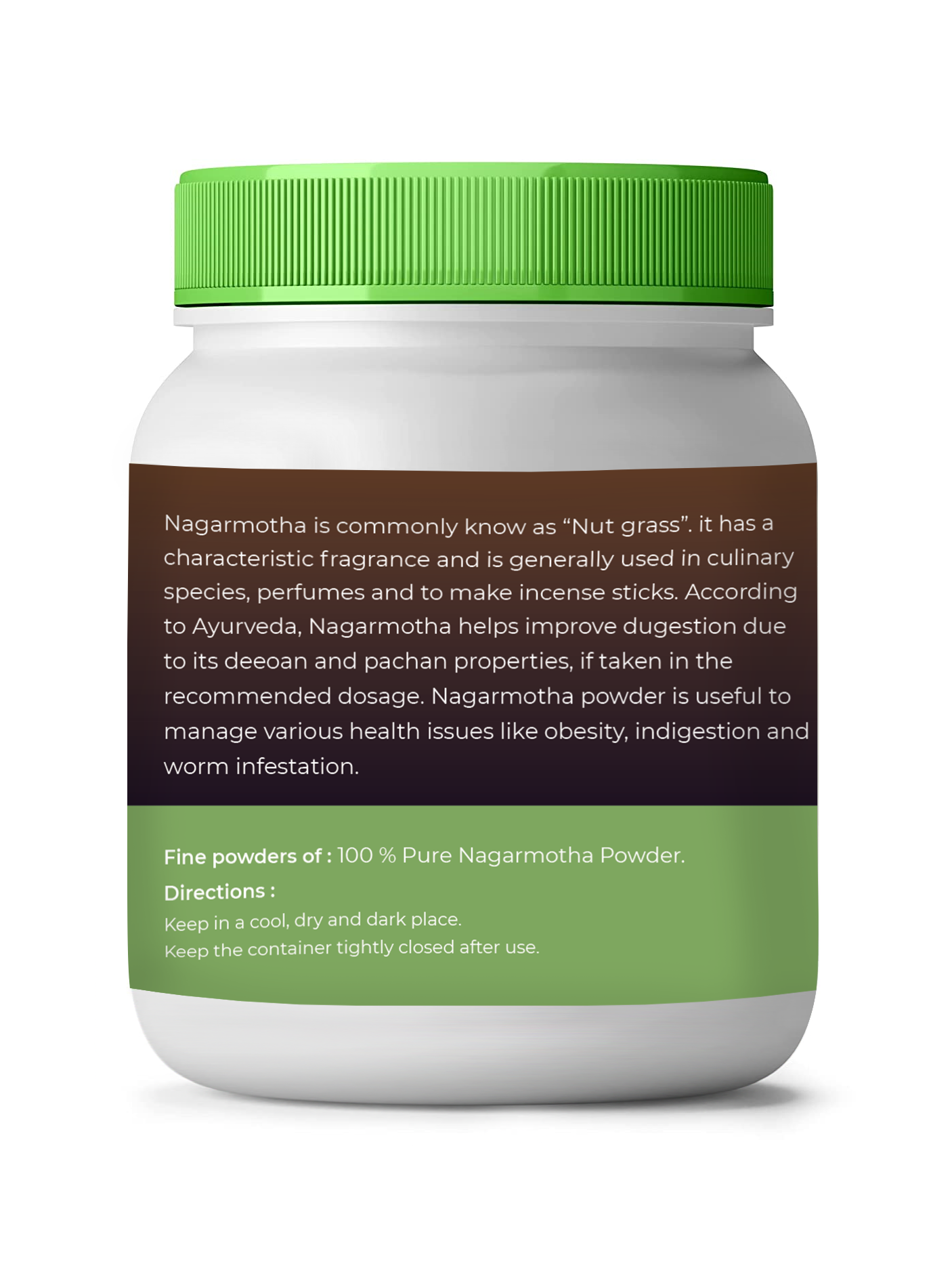 Jar of Nagarmotha powder with green lid and label on a white background