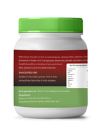 Beetroot powder container with green lid and label on a white background