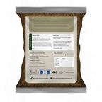 Back view of a brown powder package with text and logos on a white background