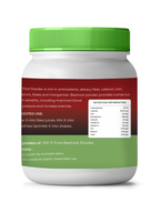 Beetroot powder container with green lid and label on a white background