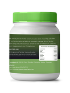 Tender coconut water powder container with green lid and label on a white background
