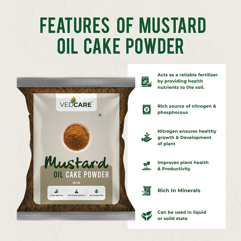 VedCare Mustard Oil Cake Powder packaging with features listed on a white background