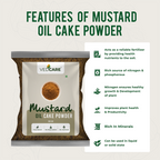 VedCare Mustard Oil Cake Powder packaging with features listed on a white background