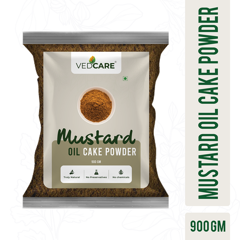Vedcare Mustard Oil Cake Powder packaging on a white background