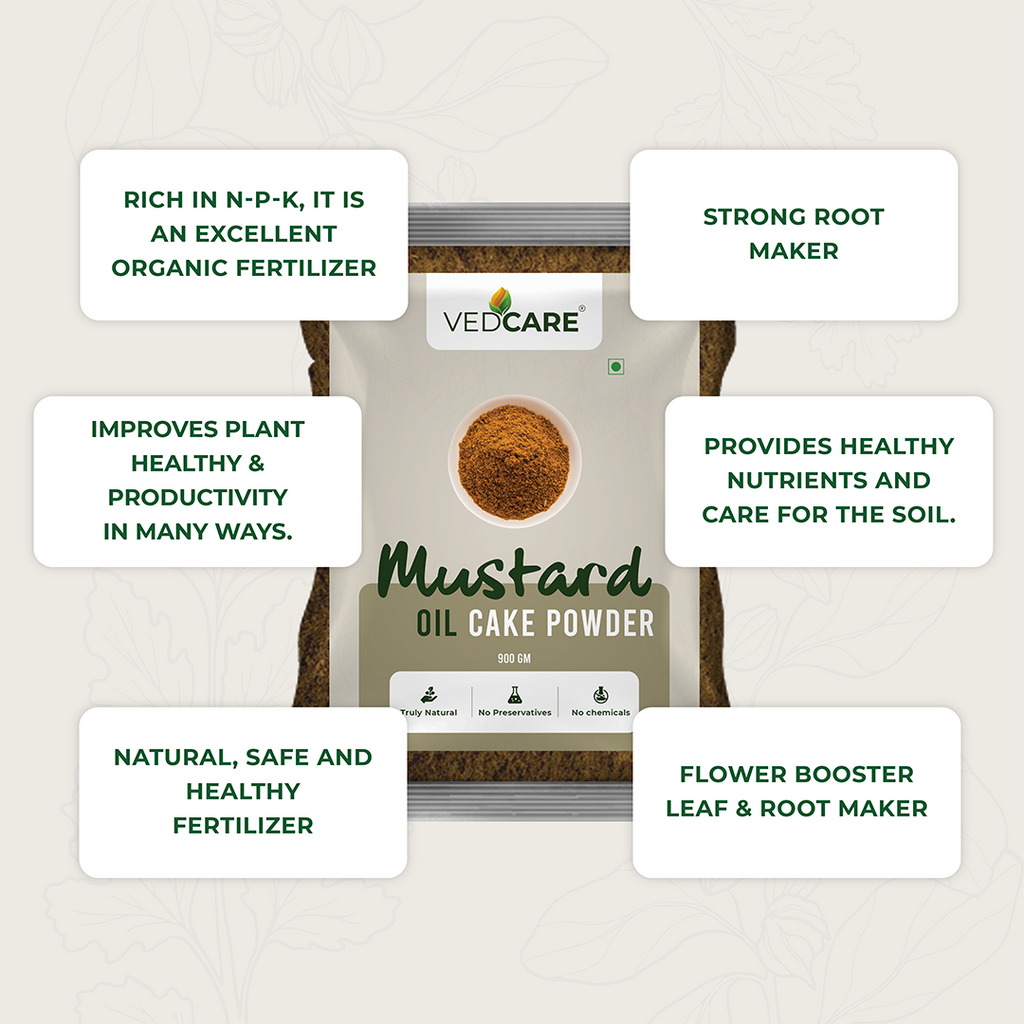 Vedcare Mustard Oil Cake Powder packaging with text highlighting its benefits.