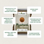 Vedcare Mustard Oil Cake Powder packaging with text highlighting its benefits.