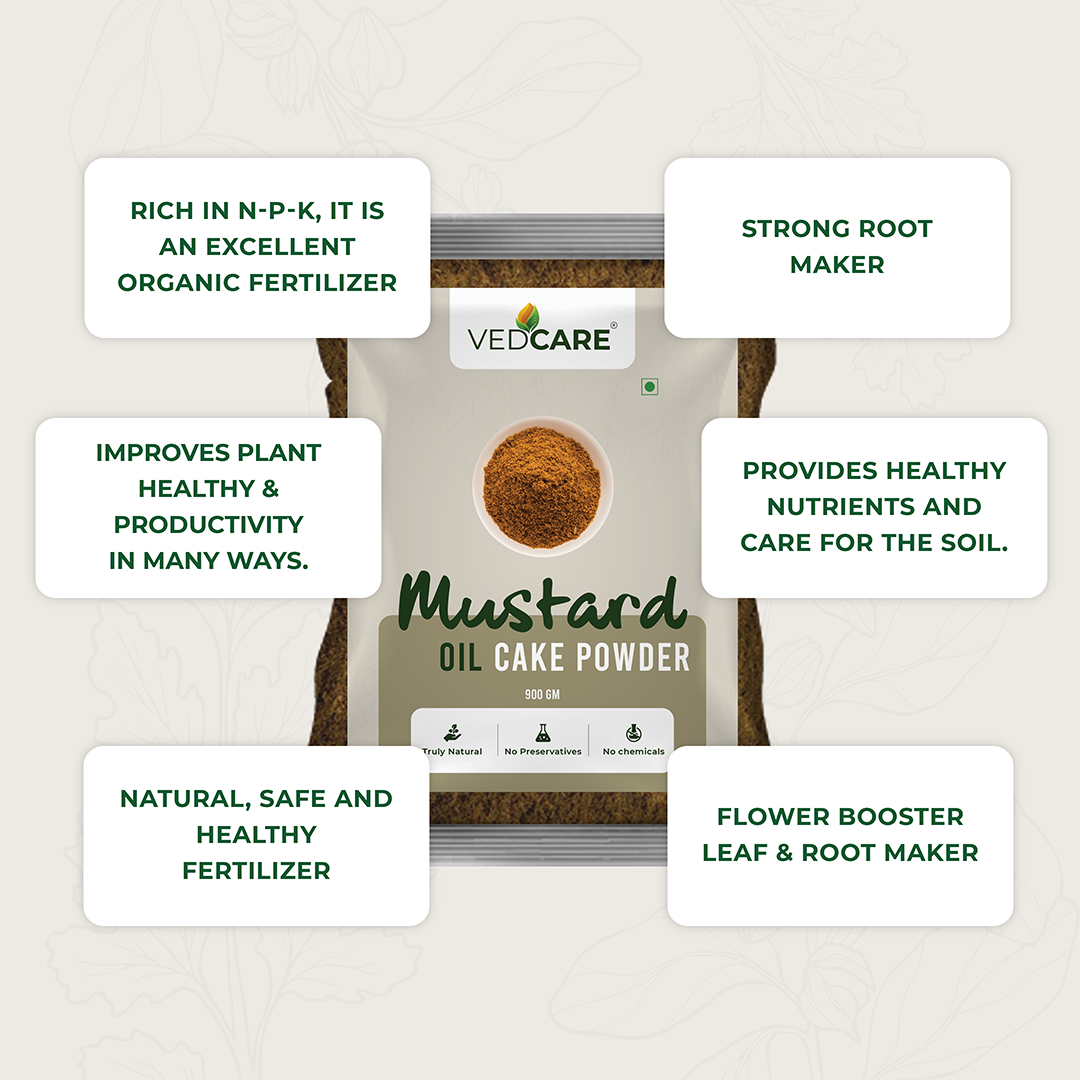 Vedcare Mustard Oil Cake Powder packaging with text highlighting its benefits.
