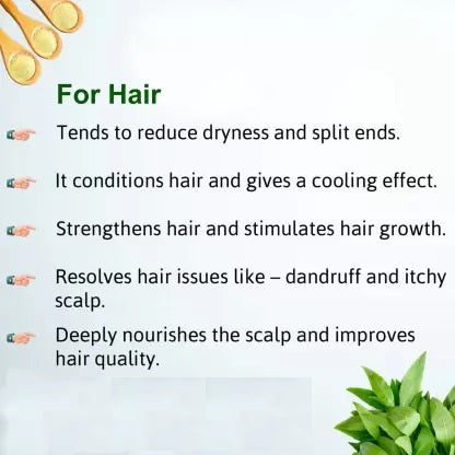 Text describing hair care benefits with green leaves and a white background