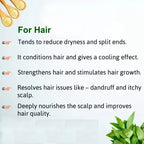 Text describing hair care benefits with green leaves and a white background