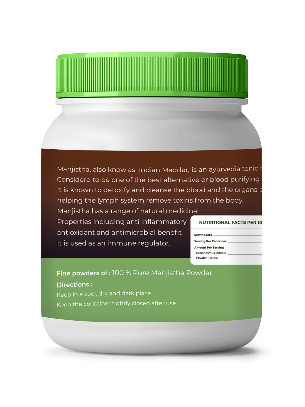 White container with green lid and label on a white background