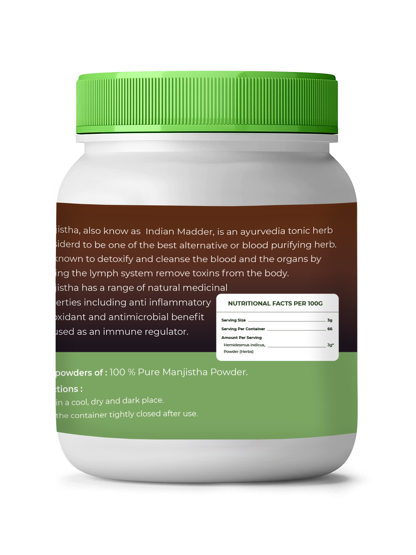 Container with green lid and label on a white background