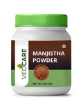 Jar of Vedcare Manjistha Powder with green lid and label