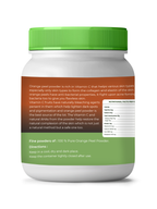 Container of orange peel powder with green lid and label on a white background