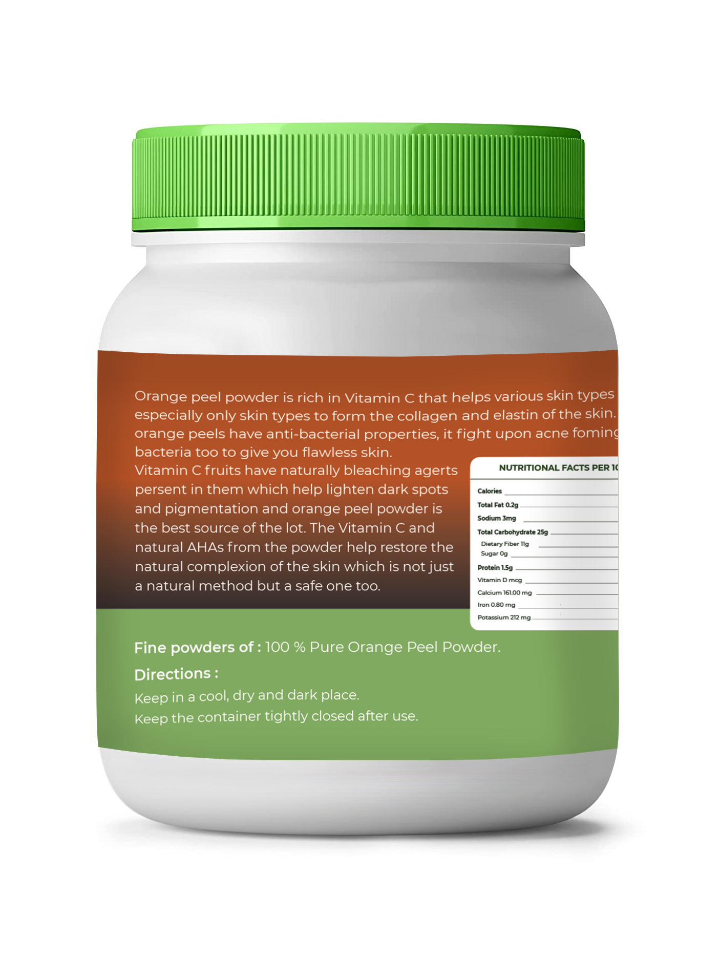 Container of orange peel powder with green lid and label on a white background