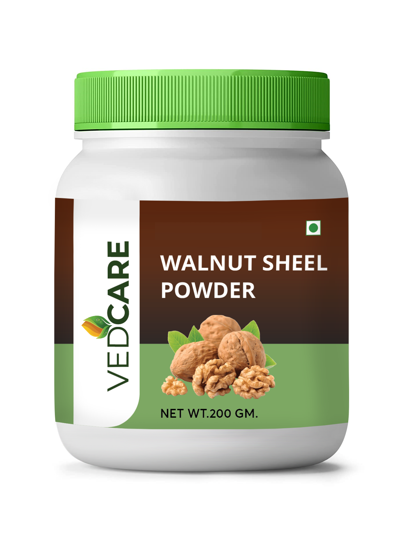 Vedcare Walnut Shell Powder container with green lid on a white background