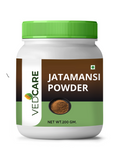 Jar of Vedicare Jatamansi Powder with green lid on a white background