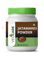 Jar of Vedicare Jatamansi Powder with green lid on a white background
