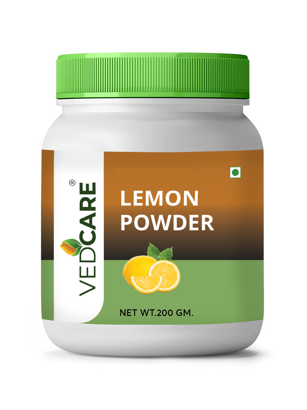 Jar of Vedicare Lemon Powder with a green lid on a white background