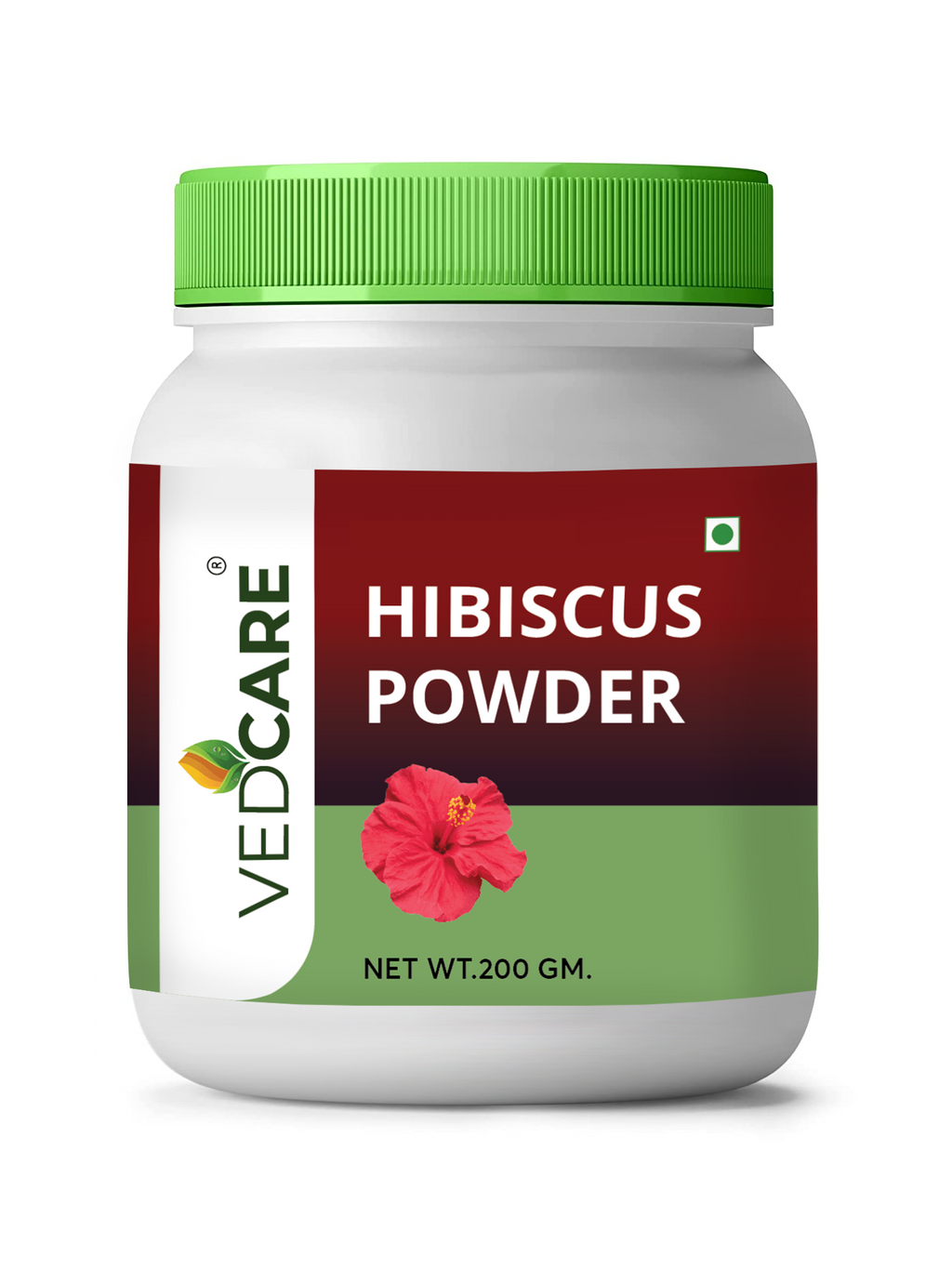 Jar of Vedcare Hibiscus Powder with a green lid on a white background