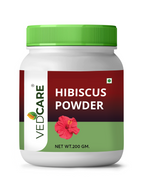 Jar of Vedcare Hibiscus Powder with a green lid on a white background