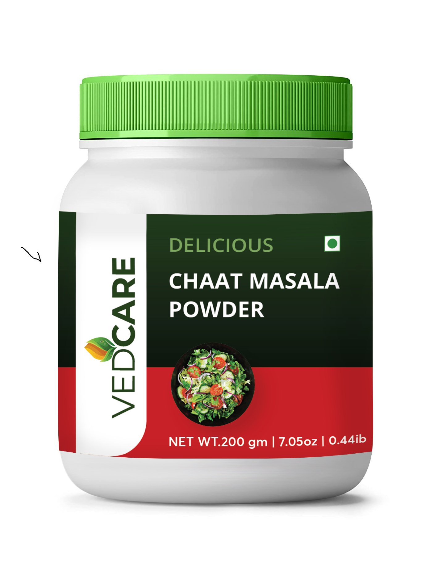 Vedcare Chaat Masala Powder jar with green lid on a white background