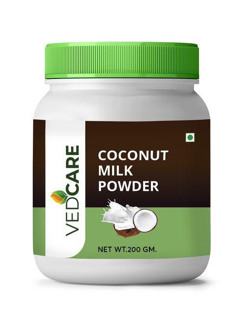 Vedcare Coconut Milk Powder container with green lid on a white background