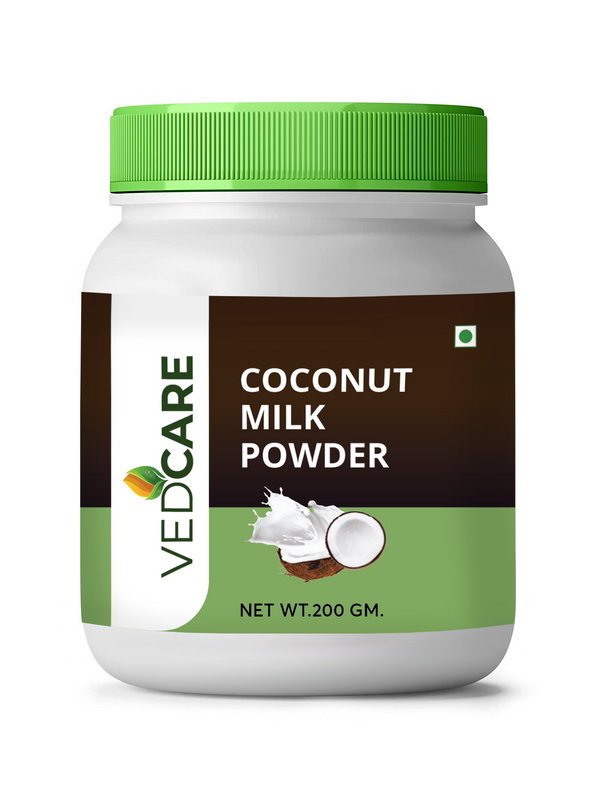 Vedcare Coconut Milk Powder container with green lid on a white background