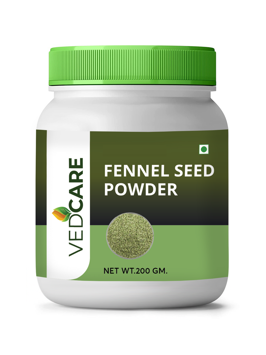 Vedcare Fennel Seed Powder container with green lid on a white background