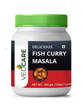 Vedcare Fish Curry Masala jar with green lid on a white background