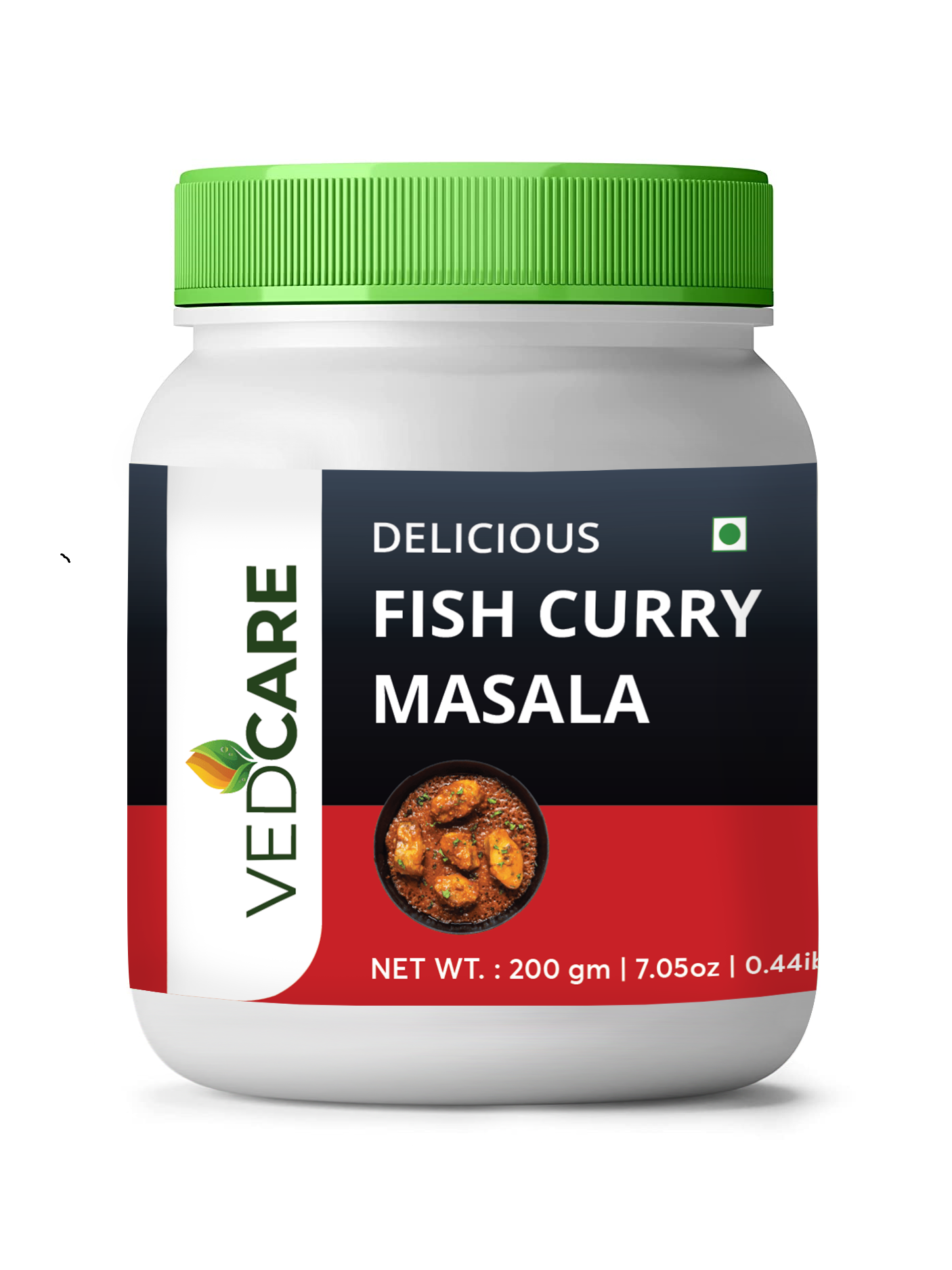 Vedcare Fish Curry Masala jar with green lid on a white background