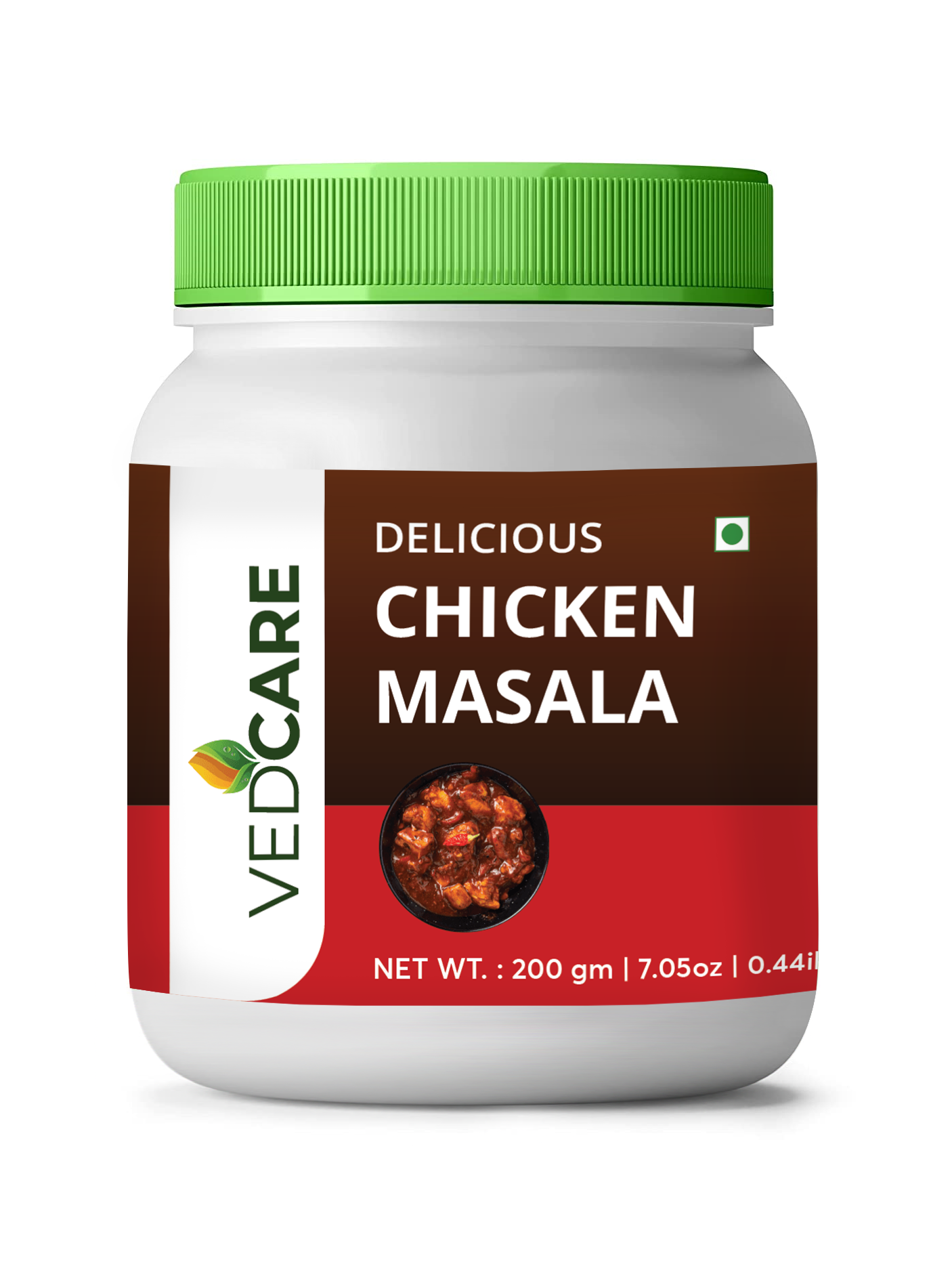 Vedcare Chicken Masala jar with green lid on a white background