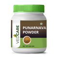 Jar of Vedcare Punarnava Powder with green lid and label on a white background