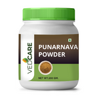 Jar of Vedcare Punarnava Powder with green lid and label on a white background