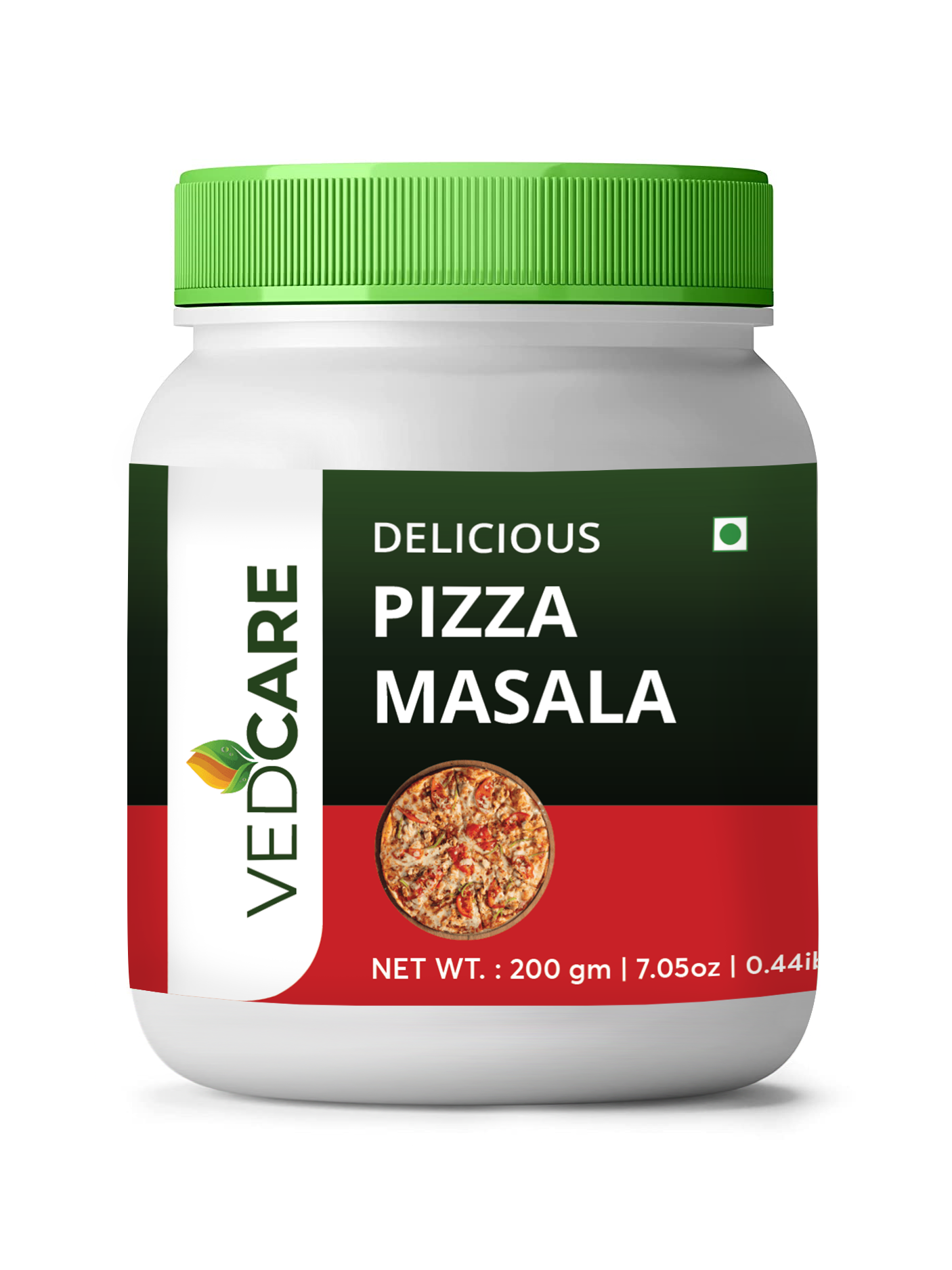 Jar of Vedcare Pizza Masala on a white background