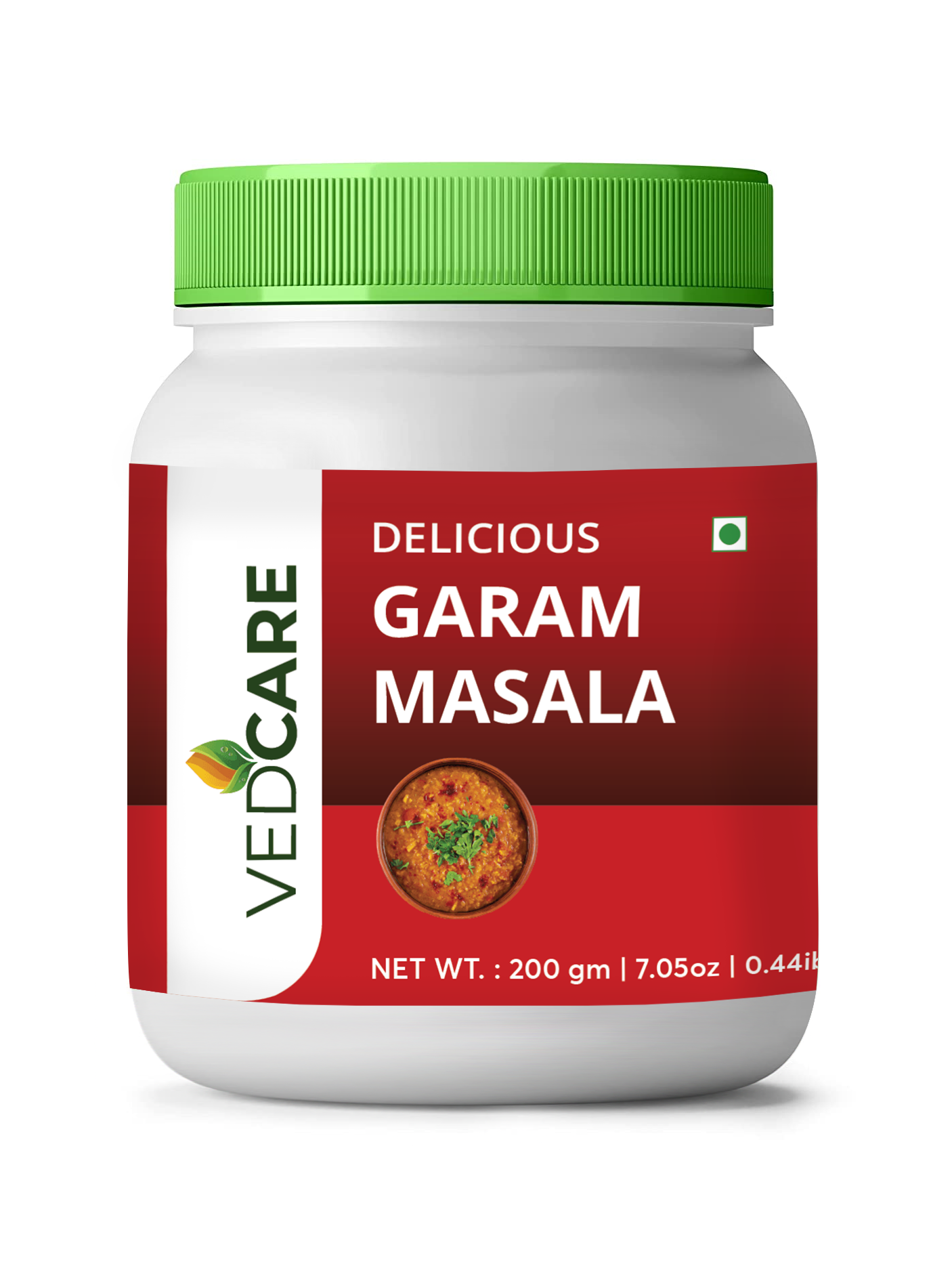 Jar of Vedcare Garam Masala on a white background