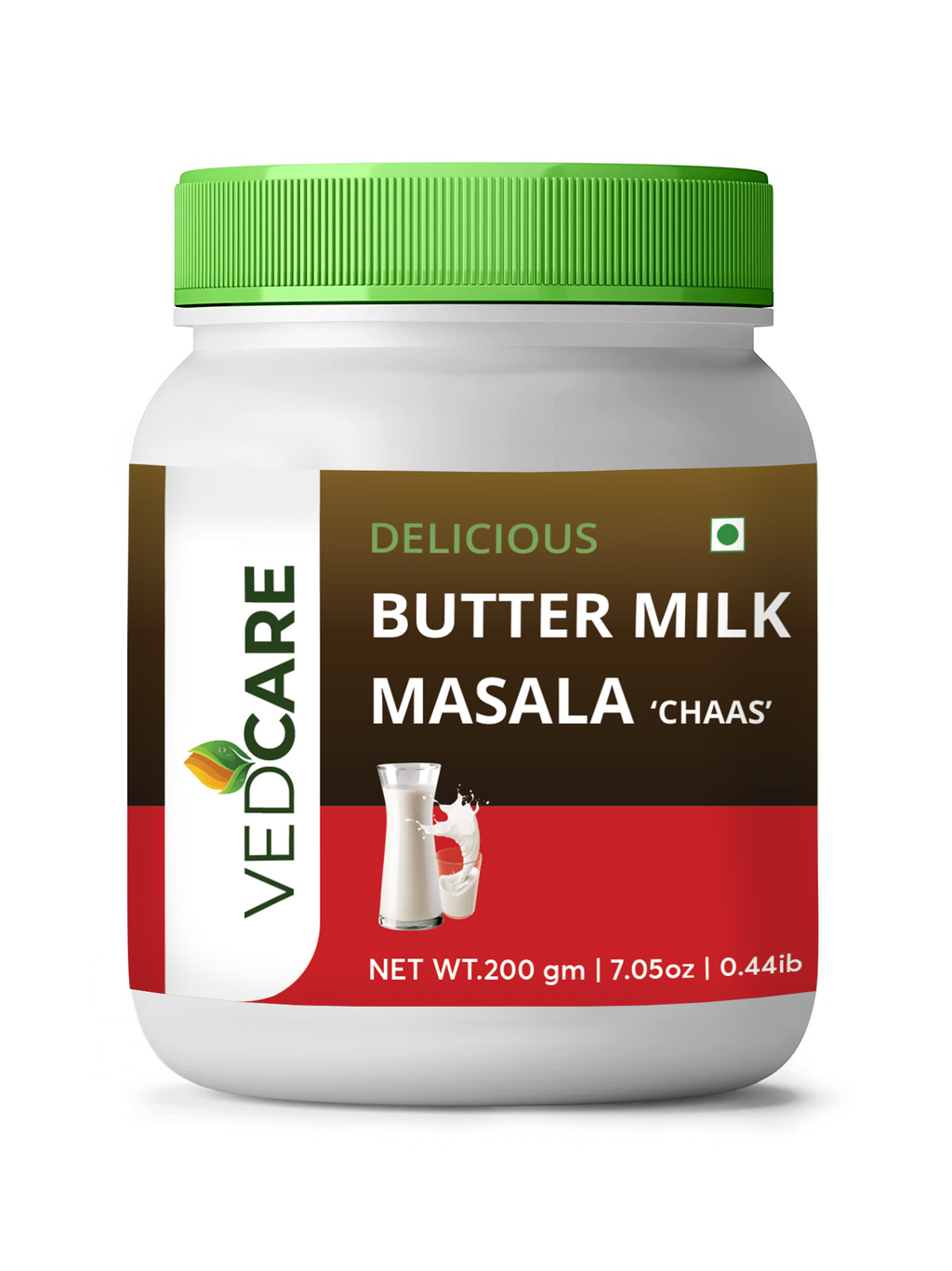 Vedcare Butter Milk Masala jar with green lid on a white background