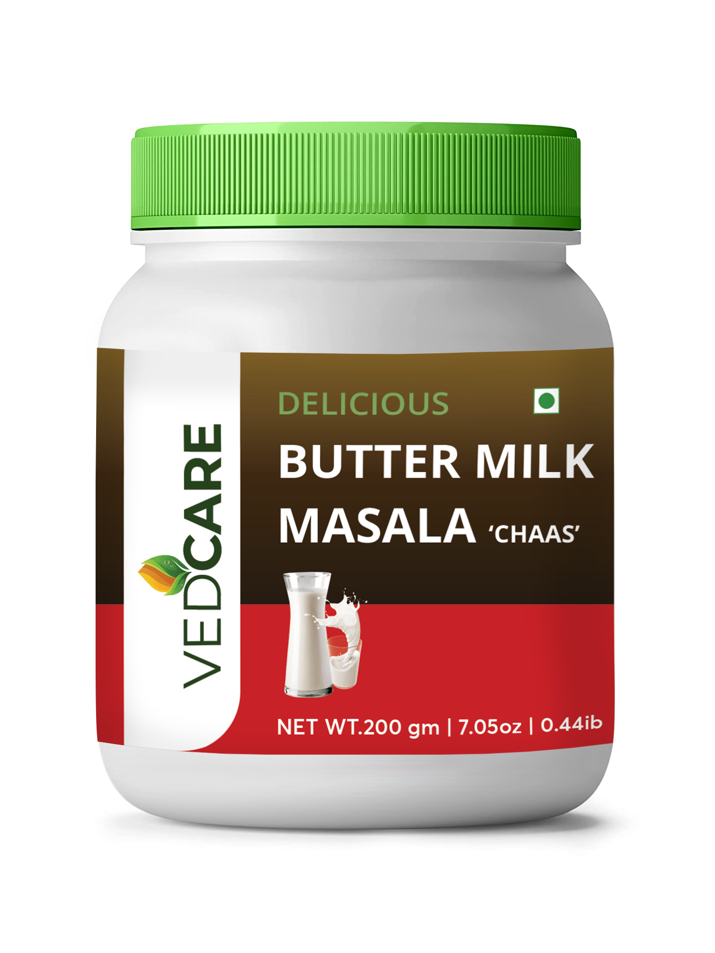 Vedcare Butter Milk Masala jar with green lid on a white background