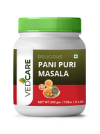 Vedcare Pani Puri Masala jar with green lid on a white background