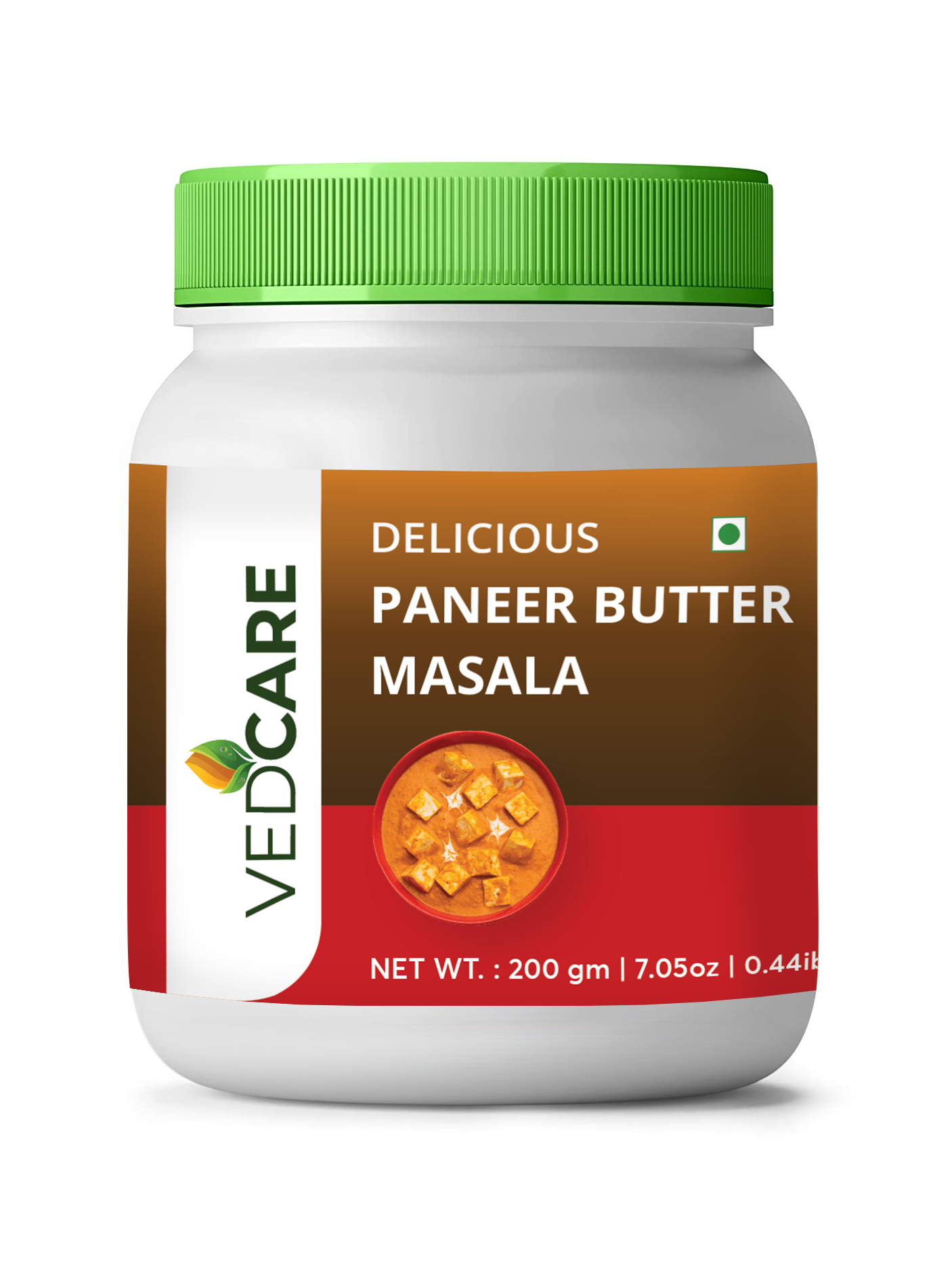 Vedcare Paneer Butter Masala jar with green lid on a white background