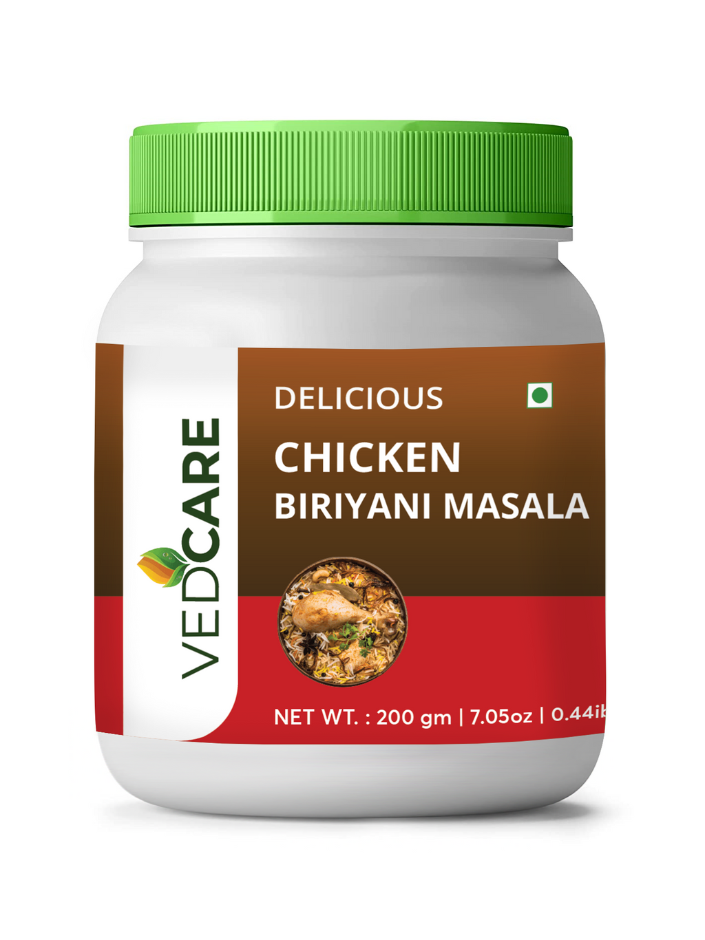 Vedcare Chicken Biriyani Masala jar with green lid on a white background