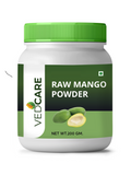 Vedcare Raw Mango Powder container with green lid and label on a white background
