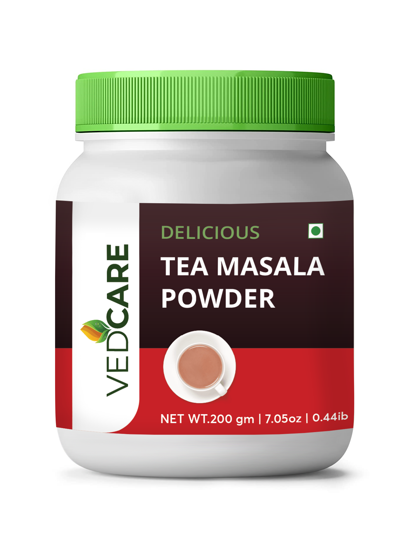  Vedcare Tea Masala Powder with green lid on a white background 