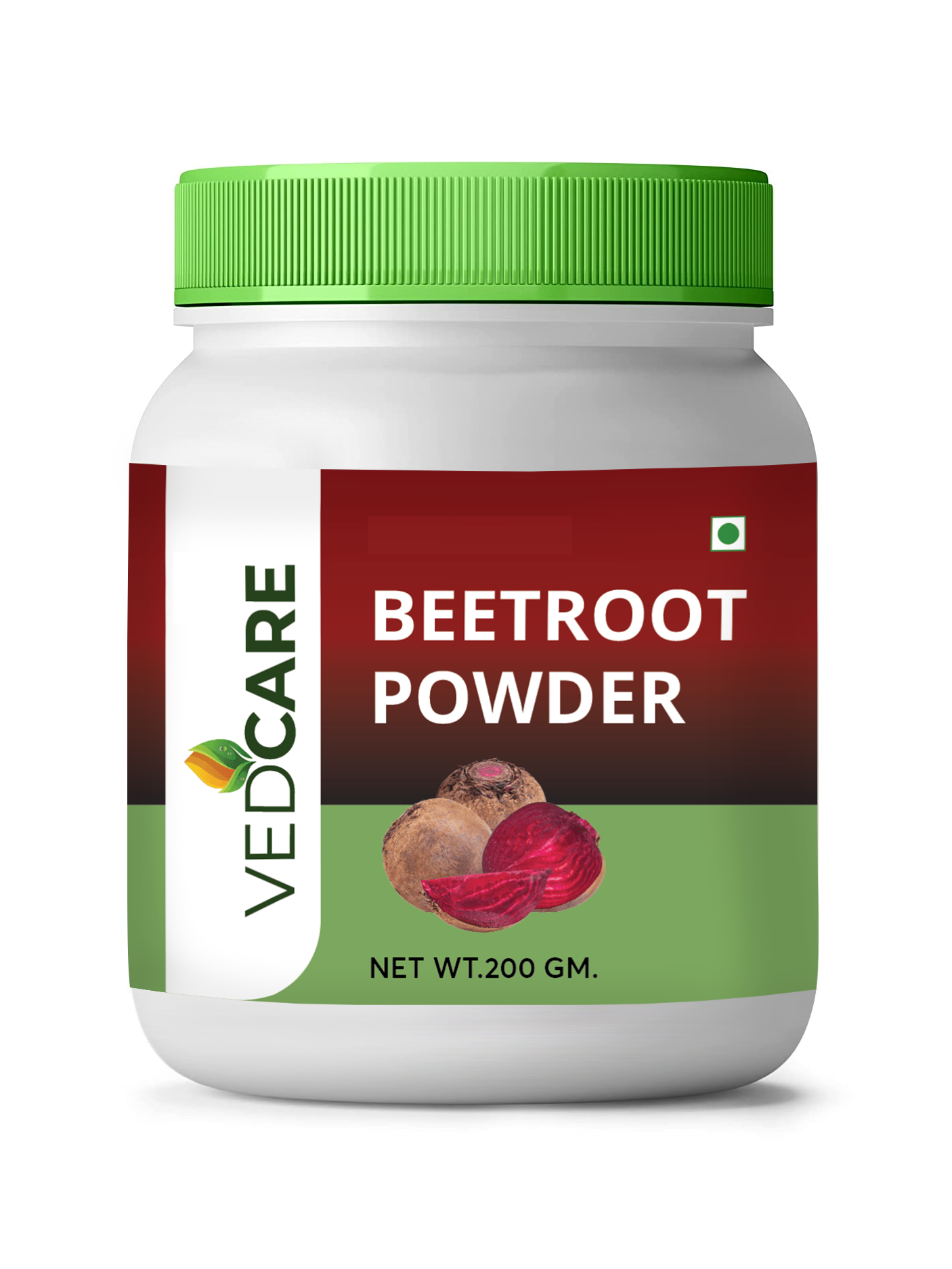 Vedcare Beetroot Powder container with green lid on a white background