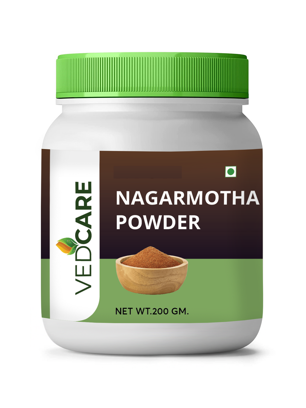 Vedcare Nagarmotha Powder container with green lid on a white background