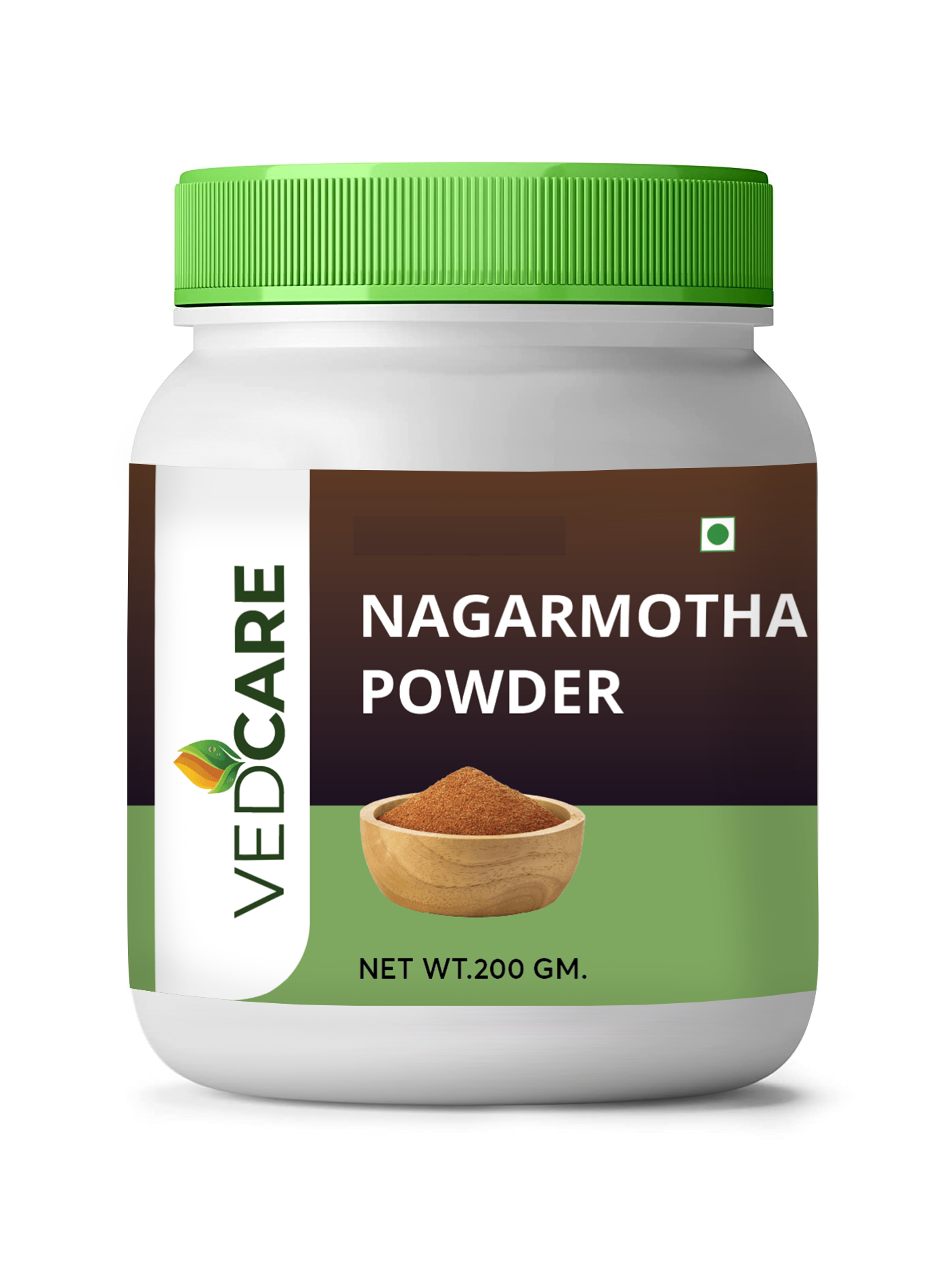 Vedcare Nagarmotha Powder container with green lid on a white background