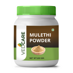 Jar of Vedcare Mulethi Powder with a green lid on a white background