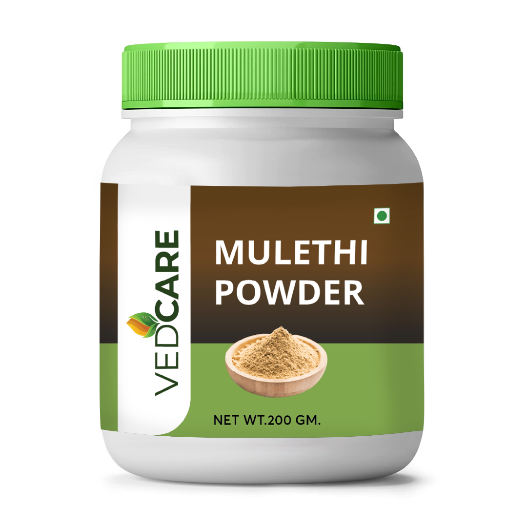 Jar of Vedcare Mulethi Powder with a green lid on a white background
